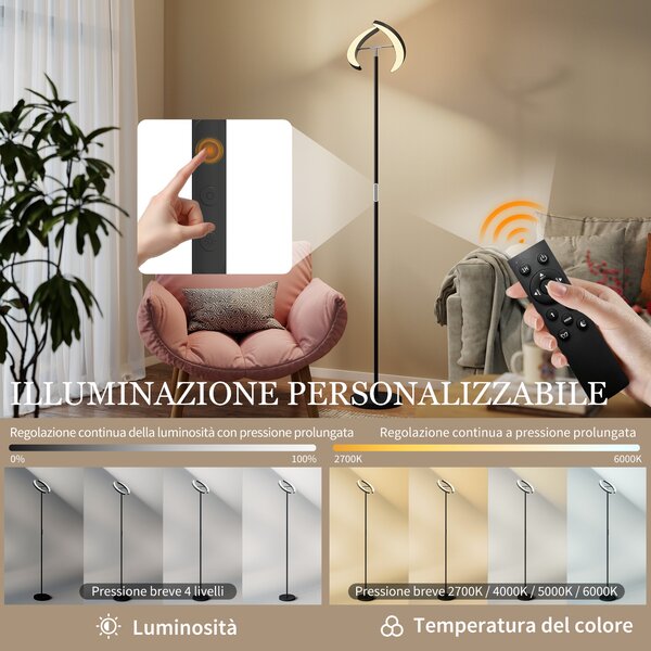 HOMCOM Lampada da Terra Dimmerabile 2700K-6000K con Telecomando e Doppia Testa Girevole a 350°, Nero | Aosom Italy