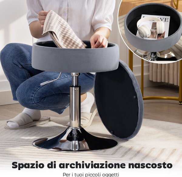 HOMCOM Sgabello da Bar con Altezza Regolabile e Vano Contenitore, Seduta Girevole Imbottita Senza Schienale, Grigio | Aosom Italy