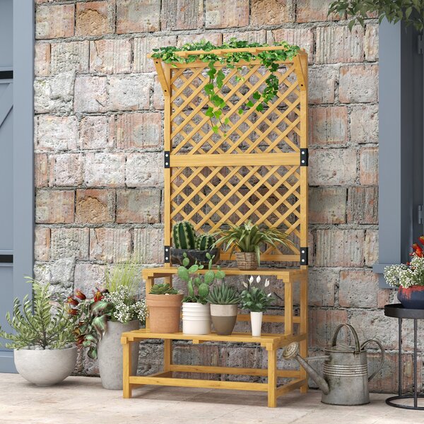 Outsunny Fioriera con Grigliato per Rampicanti, 2 Ripiani e Barra Superiore, in Legno di Abete, 75x50x166 cm, Giallo | Aosom Italy