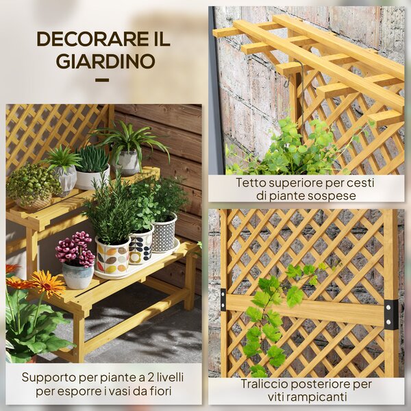 Outsunny Fioriera con Grigliato per Rampicanti, 2 Ripiani e Barra Superiore, in Legno di Abete, 75x50x166 cm, Giallo | Aosom Italy