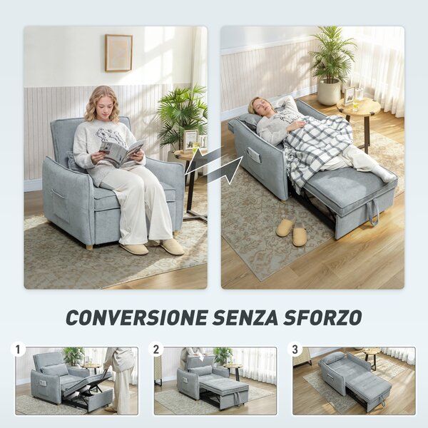 HOMCOM Poltrona Letto 3 in 1 con Schienale Reclinabile e Cuscino, Sedia in Ciniglia con tasche laterali, 88x84x87 cm, Grigio | Aosom Italy
