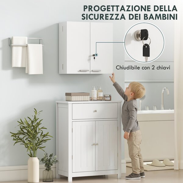 HOMCOM Armadietto Medicinali con 3 Mensole Interne e 8 Portabottiglie, in Legno e Metallo, 53x20x53 cm, Bianco | Aosom Italy