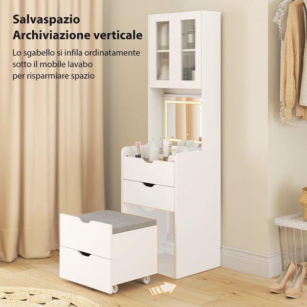 HOMCOM Toeletta Trucco con Specchio Illuminato e Sgabello, Luce Regolabile, Cassetti e Armadietto, 50x40x160 cm, Bianco | Aosom Italy