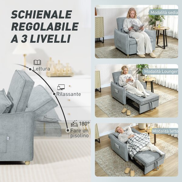 HOMCOM Poltrona Letto 3 in 1 con Schienale Reclinabile e Cuscino, Sedia in Ciniglia con tasche laterali, 88x84x87 cm, Grigio | Aosom Italy