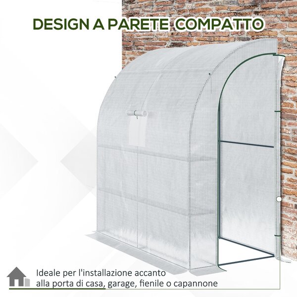 Outsunny Serra Addossata a 3 Livelli con Porte e Finestre Avvolgibili, in PE e Acciaio, 200x100x215 cm, Verde e Bianco | Aosom Italy