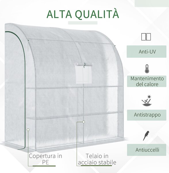Outsunny Serra Addossata a 3 Livelli con Porte e Finestre Avvolgibili, in PE e Acciaio, 200x100x215 cm, Verde e Bianco | Aosom Italy