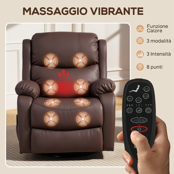 HOMCOM Poltrona Relax Reclinabile con 8 Punti Massaggianti, Riscaldanti e Poggiapiedi, 87x97X100 cm, Marrone | Aosom Italy