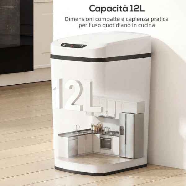 HOMCOM Cestino Rifiuti da 12L a Infrarossi con Secchio Rimovibile, in Acciaio Inox, ABS e PP, 28x22x41 cm, Bianco | Aosom Italy