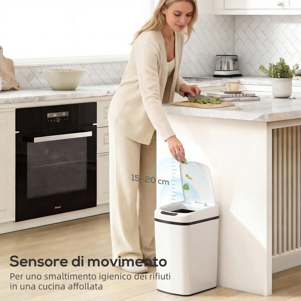 HOMCOM Cestino Rifiuti da 12L a Infrarossi con Secchio Rimovibile, in Acciaio Inox, ABS e PP, 28x22x41 cm, Bianco | Aosom Italy