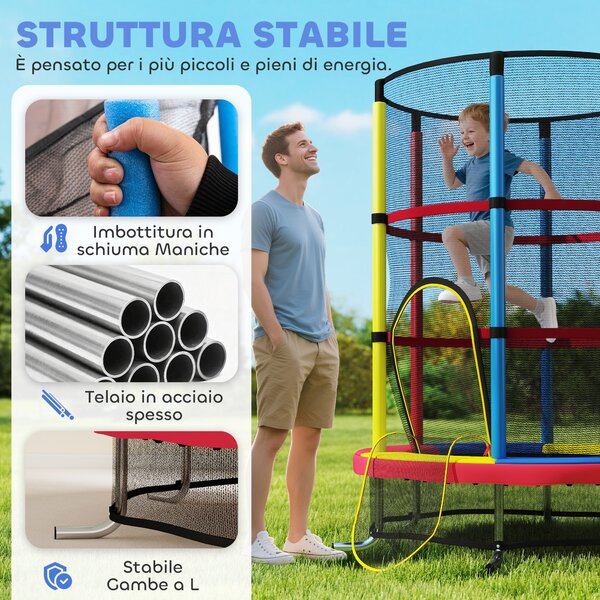 HOMCOM Trampolino per Bambini 3-6 Anni con Rete di Sicurezza, Senza Molle, Ø160x190 cm, Multicolore | Aosom Italy