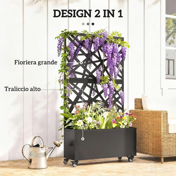 Outsunny Fioriera con Grigliato per Rampicanti a Rotelle Fori di Drenaggio, in Metallo, 90x30x160 cm, Nero | Aosom Italy