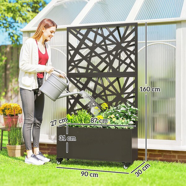 Outsunny Fioriera con Grigliato per Rampicanti a Rotelle Fori di Drenaggio, in Metallo, 90x30x160 cm, Nero | Aosom Italy