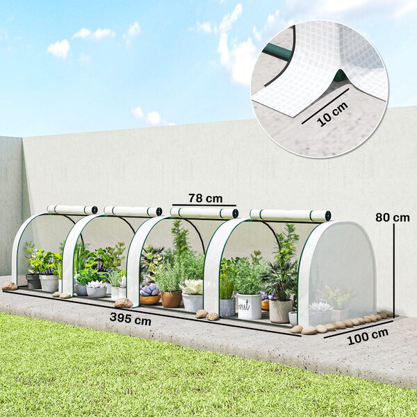 Outsunny Serra a Tunnel in Acciaio e Plastica Impermeabile Anti UV con 4 Porte, 395x100x80 cm, Bianco | Aosom Italy