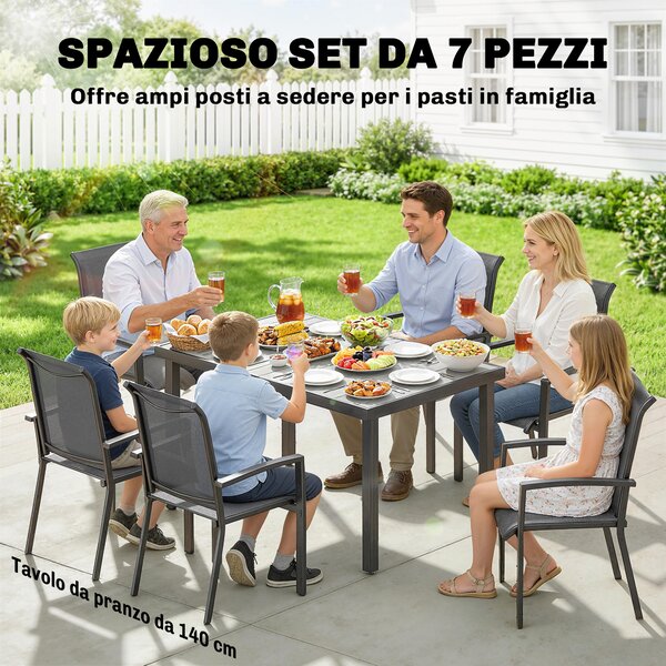 Outsunny Set da Esterno 7pz con Tavolo da Giardino a 2 Sezioni e 6 Sedie Impilabili in Texteline, Grigio | Aosom Italy