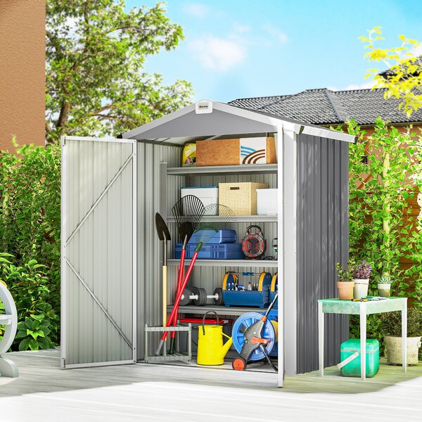 Outsunny Casetta da Giardino in Acciaio 1.1m² con Doppie Porte Bloccabili, 133x87x178 cm, Grigio Argento | Aosom Italy