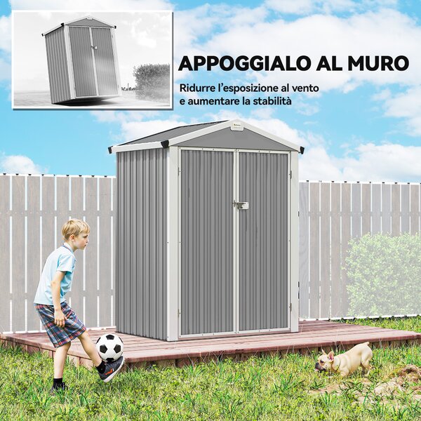 Outsunny Casetta da Giardino in Acciaio 1.1m² con Doppie Porte Bloccabili, 133x87x178 cm, Grigio Argento | Aosom Italy