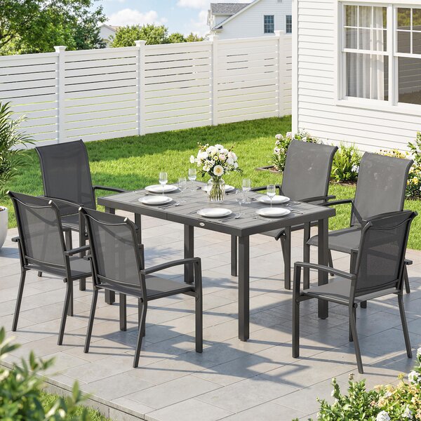 Outsunny Set da Esterno 7pz con Tavolo da Giardino a 2 Sezioni e 6 Sedie Impilabili in Texteline, Grigio | Aosom Italy