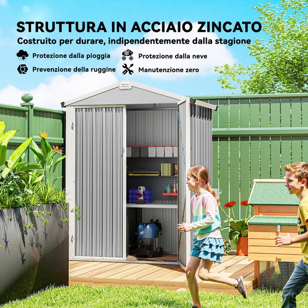 Outsunny Casetta da Giardino in Acciaio 1.1m² con Doppie Porte Bloccabili, 133x87x178 cm, Grigio Argento | Aosom Italy
