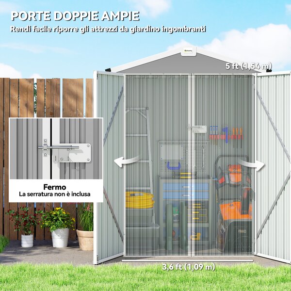 Outsunny Casetta da Giardino in Acciaio 1.1m² con Doppie Porte Bloccabili, 133x87x178 cm, Grigio Argento | Aosom Italy