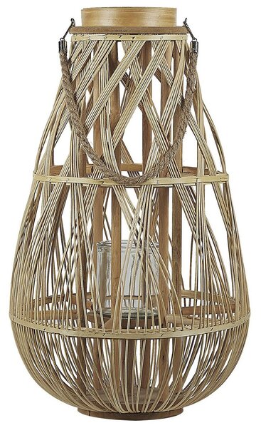 Lanterna leggera in legno di bambù e vetro 56 cm Portacandele intrecciato per interni ed esterni Boho scandinavo Beliani