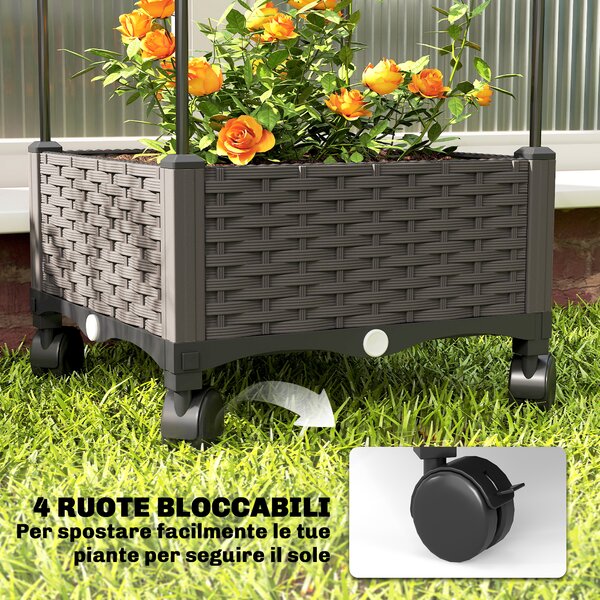 Outsunny Fioriera Rialzata con Traliccio da 185 cm, Fori di Drenaggio e 4 Rotelle, in Metallo Rivestito in PE e PP, Nero | Aosom Italy