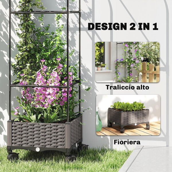 Outsunny Fioriera Rialzata con Traliccio da 185 cm, Fori di Drenaggio e 4 Rotelle, in Metallo Rivestito in PE e PP, Nero | Aosom Italy