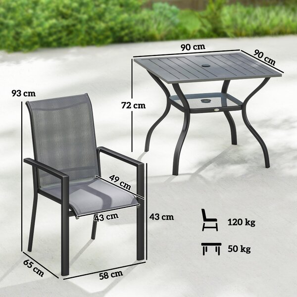 Outsunny Set da Giardino 5 pz in Acciaio con 4 Sedie Impilabili e Tavolo con Foro Centrale e Ripiano Inferiore, Grigio | Aosom Italy