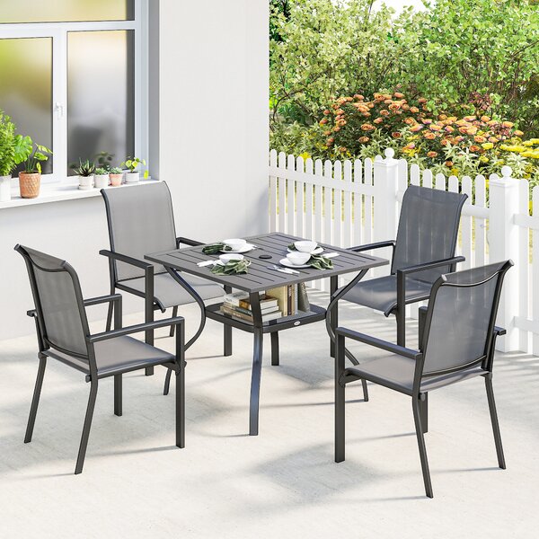 Outsunny Set da Giardino 5 pz in Acciaio con 4 Sedie Impilabili e Tavolo con Foro Centrale e Ripiano Inferiore, Grigio | Aosom Italy