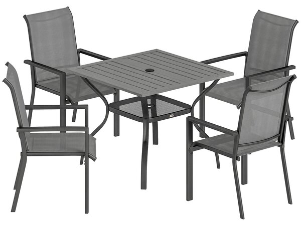 Outsunny Set da Giardino 5 pz in Acciaio con 4 Sedie Impilabili e Tavolo con Foro Centrale e Ripiano Inferiore, Grigio | Aosom Italy