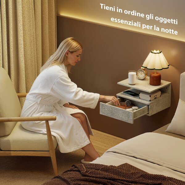 HOMCOM Set di 2 Comodini Sospesi con Cassetto e Mensola Aperta, 35x32x22.5 cm, Grigio Cemento | Aosom Italy