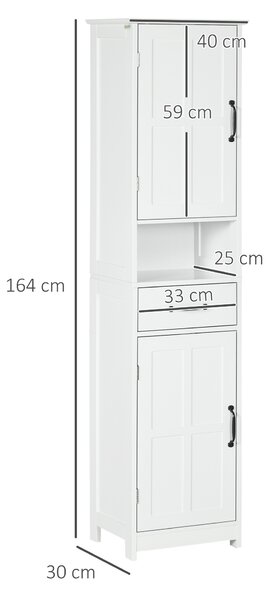 Kleankin Mobile Colonna Bagno in Legno con Mensola Aperta, Cassetto e 2 Armadietti, 40x30x164 cm, Bianco | Aosom Italy