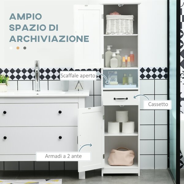 Kleankin Mobile Colonna Bagno in Legno con Mensola Aperta, Cassetto e 2 Armadietti, 40x30x164 cm, Bianco | Aosom Italy
