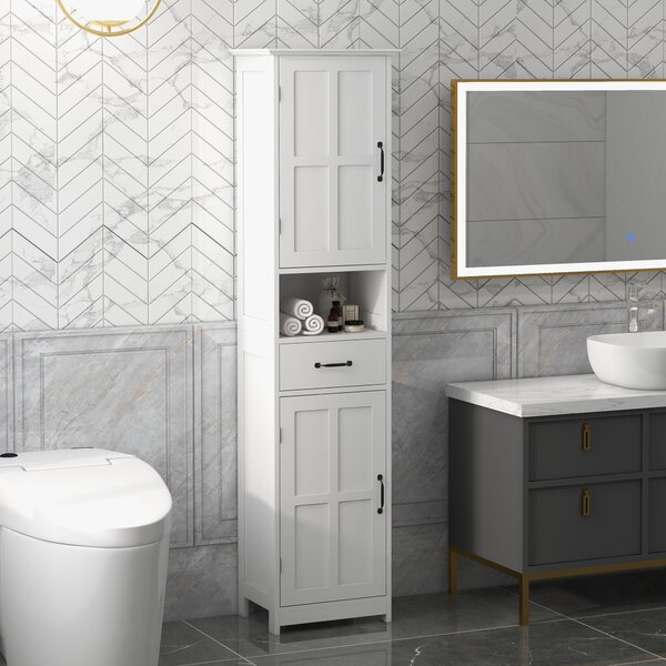 Kleankin Mobile Colonna Bagno in Legno con Mensola Aperta, Cassetto e 2 Armadietti, 40x30x164 cm, Bianco | Aosom Italy