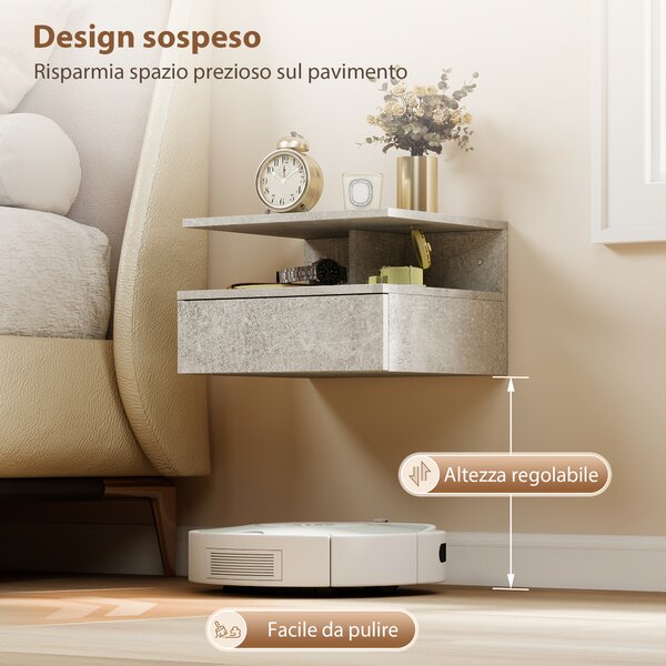 HOMCOM Set di 2 Comodini Sospesi con Cassetto e Mensola Aperta, 35x32x22.5 cm, Grigio Cemento | Aosom Italy