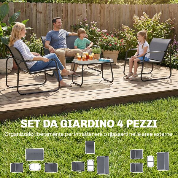 Outsunny Set da Giardino 4 Pezzi, Divano a Due Posti, 2 Poltrone, Tavolino in Vetro Temperato, Grigio | Aosom Italy