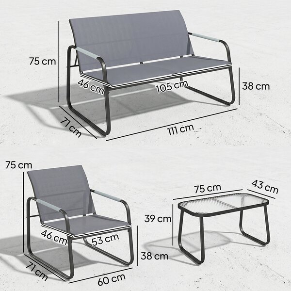 Outsunny Set da Giardino 4 Pezzi, Divano a Due Posti, 2 Poltrone, Tavolino in Vetro Temperato, Grigio | Aosom Italy