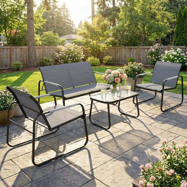 Outsunny Set da Giardino 4 Pezzi, Divano a Due Posti, 2 Poltrone, Tavolino in Vetro Temperato, Grigio | Aosom Italy