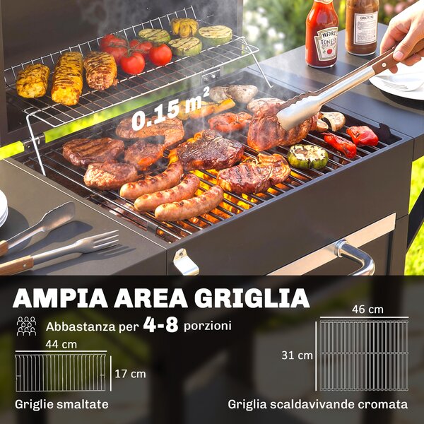 Outsunny Barbecue a Carbone con 2 Ripiani Laterali, Termometro, Coperchio e Ruote, 110x46.5x101 cm, Nero | Aosom Italy