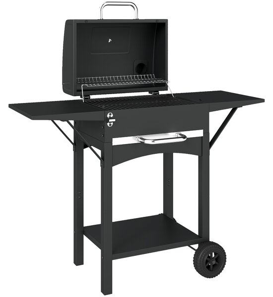 Outsunny Barbecue a Carbone con 2 Ripiani Laterali, Termometro, Coperchio e Ruote, 110x46.5x101 cm, Nero | Aosom Italy