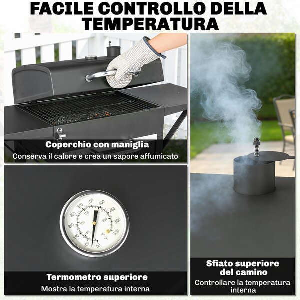 Outsunny Barbecue a Carbone con 2 Ripiani Laterali, Termometro, Coperchio e Ruote, 110x46.5x101 cm, Nero | Aosom Italy