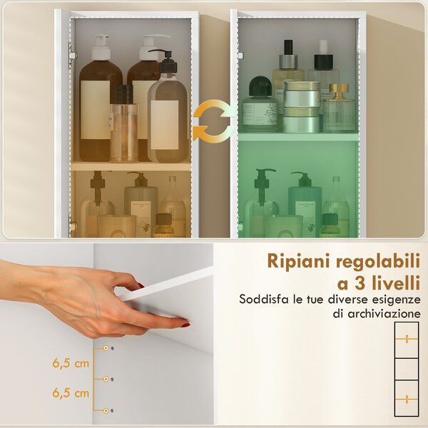 HOMCOM Mobile da Bagno a 2 Ante con Spazio Aperto e Ripiani Regolabili, in Legno, 30x24x140 cm, Bianco | Aosom Italy