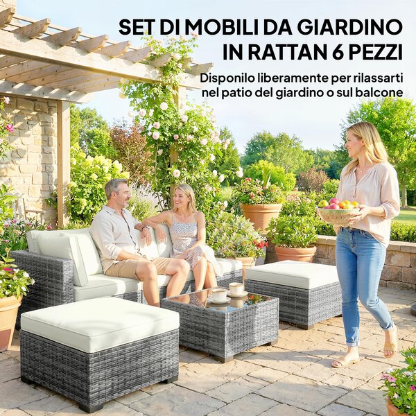 Outsunny Mobili da Giardino 6pz in Rattan e Acciaio con Divano, Tavolino e Cuscini, Grigio | Aosom Italy
