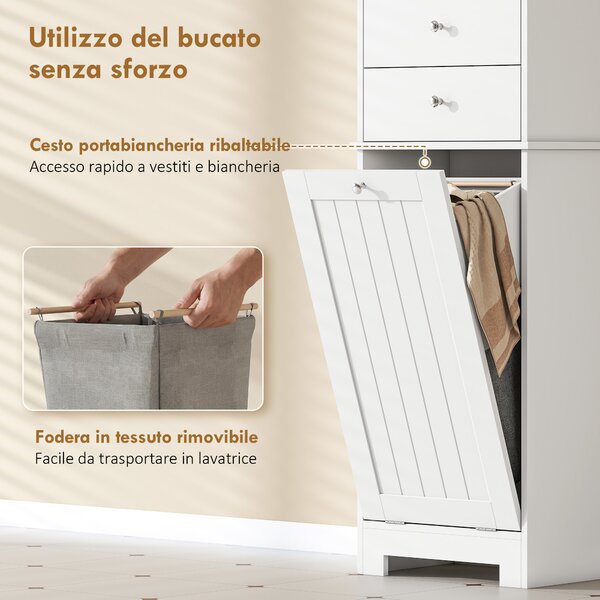 HOMCOM Mobile Bagno con Cesto per Biancheria Pieghevole, Armadietto e 2 Cassetti, in Legno, 45x30x171 cm, Bianco | Aosom Italy