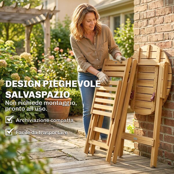 Outsunny Set Bistrò Esterno: 2 sedie pieghevoli e tavolo rotondo, legno naturale. | Aosom Italy