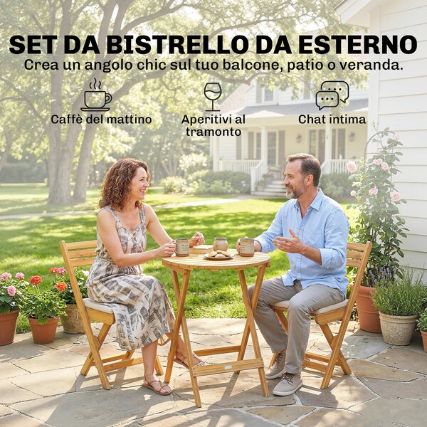 Outsunny Set Bistrò Esterno: 2 sedie pieghevoli e tavolo rotondo, legno naturale. | Aosom Italy