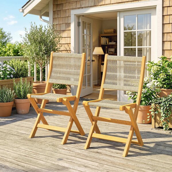 Outsunny Set di 2 Sedie Pieghevoli da Giardino in Rattan PE e Legno di Acacia, Supporto fino a 160 kg, Beige | Aosom Italy