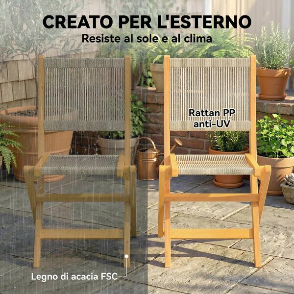Outsunny Set di 2 Sedie Pieghevoli da Giardino in Rattan PE e Legno di Acacia, Supporto fino a 160 kg, Beige | Aosom Italy