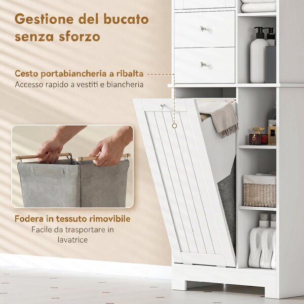 HOMCOM Armadietto da Bagno Bianco, Cesto Biancheria Inclinabile, Cassetti | Aosom Italy