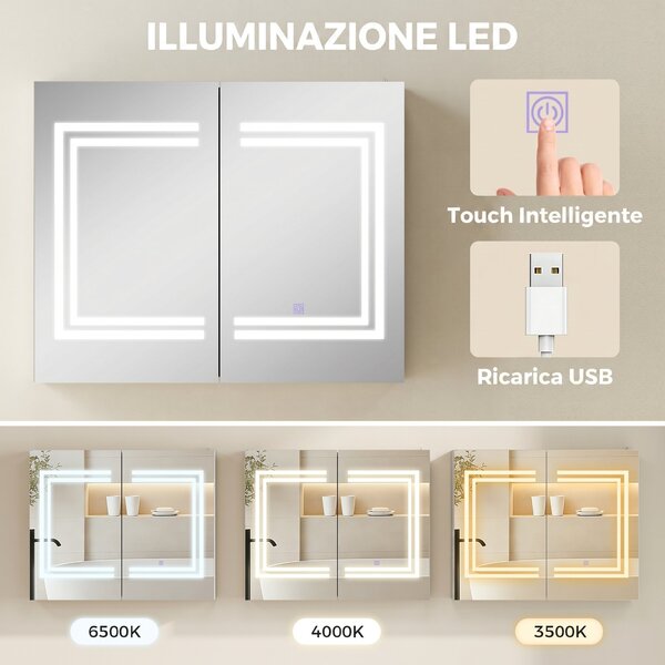 Kleankin Specchio Bagno Contenitore con Luce LED, 80 x 65cm Mobile Bagno con Specchio, Anta Soft Close, Dimmerabile a 3 Colori, Ripiani Regolabili, Bianco Lucido | Aosom Italy