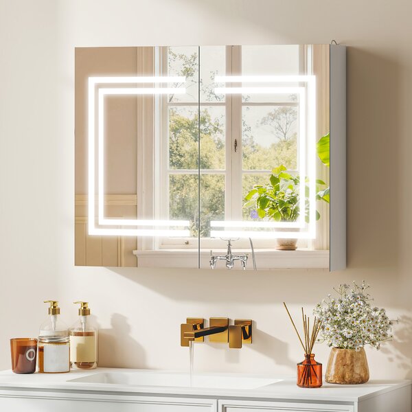 Kleankin Specchio Bagno Contenitore con Luce LED, 80 x 65cm Mobile Bagno con Specchio, Anta Soft Close, Dimmerabile a 3 Colori, Ripiani Regolabili, Bianco Lucido | Aosom Italy